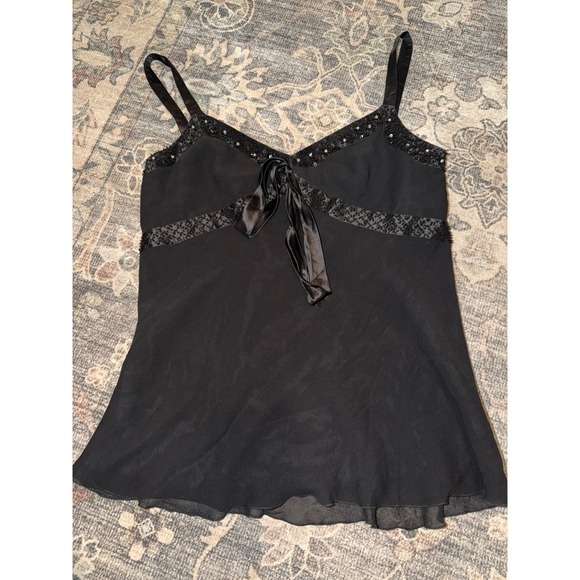 Cache Tops - Vintage Cache Silk Black Beaded Cami Tank with Ribbon Tie Babydoll Style